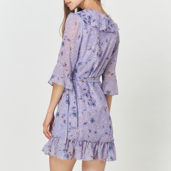 Purple floral wrap ruffle dress - Picture 4 of 9